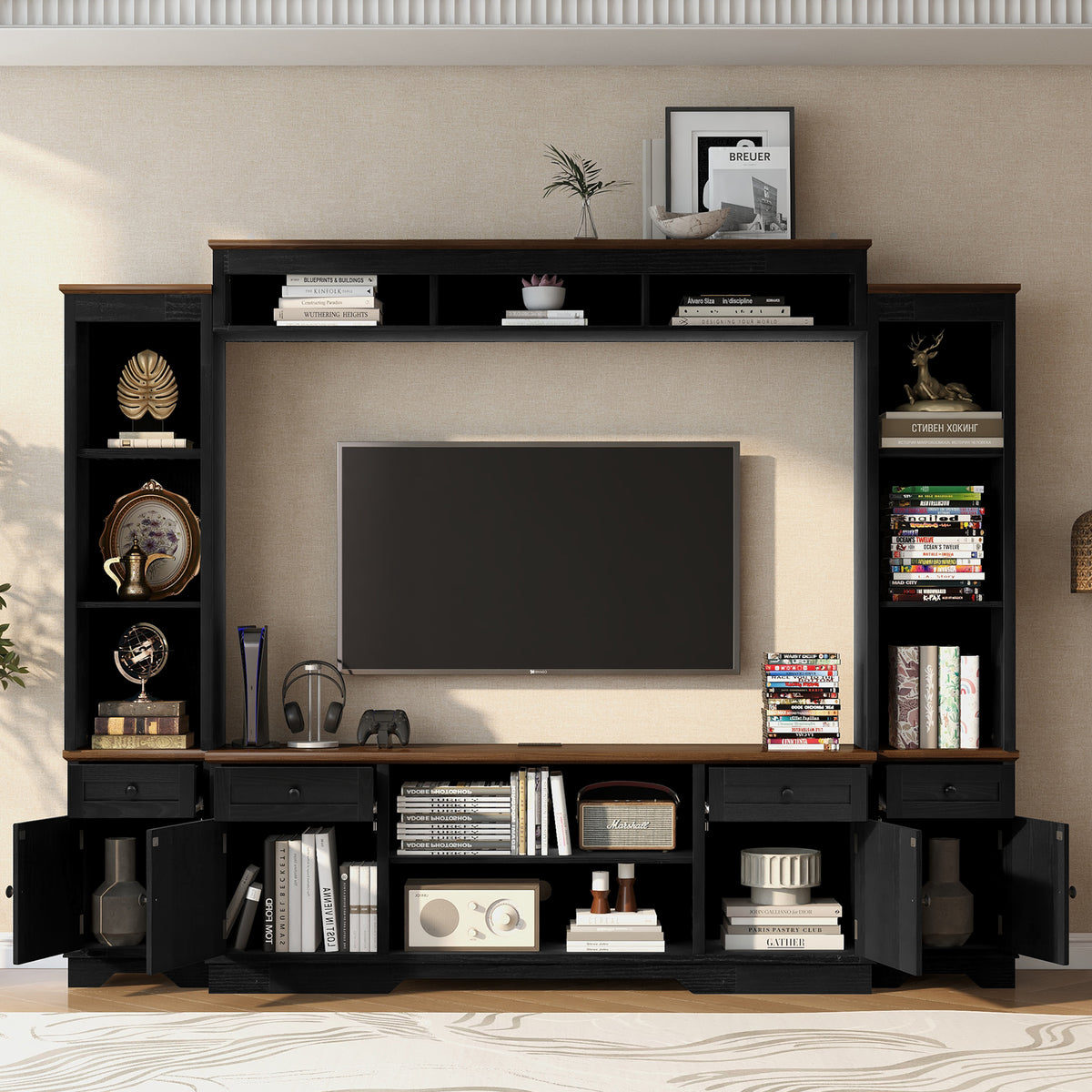 variant-group:rf-n724sj000154aab|Roomfitters 98.8"W Farmhouse Wall Unit Entertainment Center, 4 Barn Doors, Black & Brown