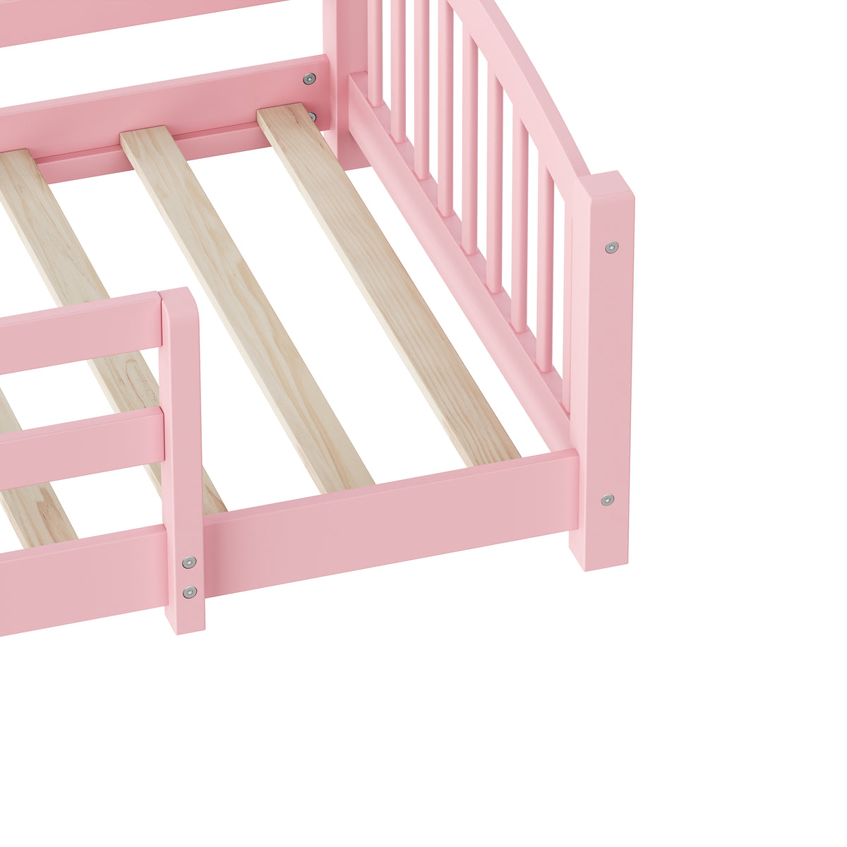 variant-group:rf-n733p400298h|Roomfitters Twin Montessori Floor Bed with Guardrails, Solid Wood Low Platform Bed with Slats, Easy Assembly, Pink