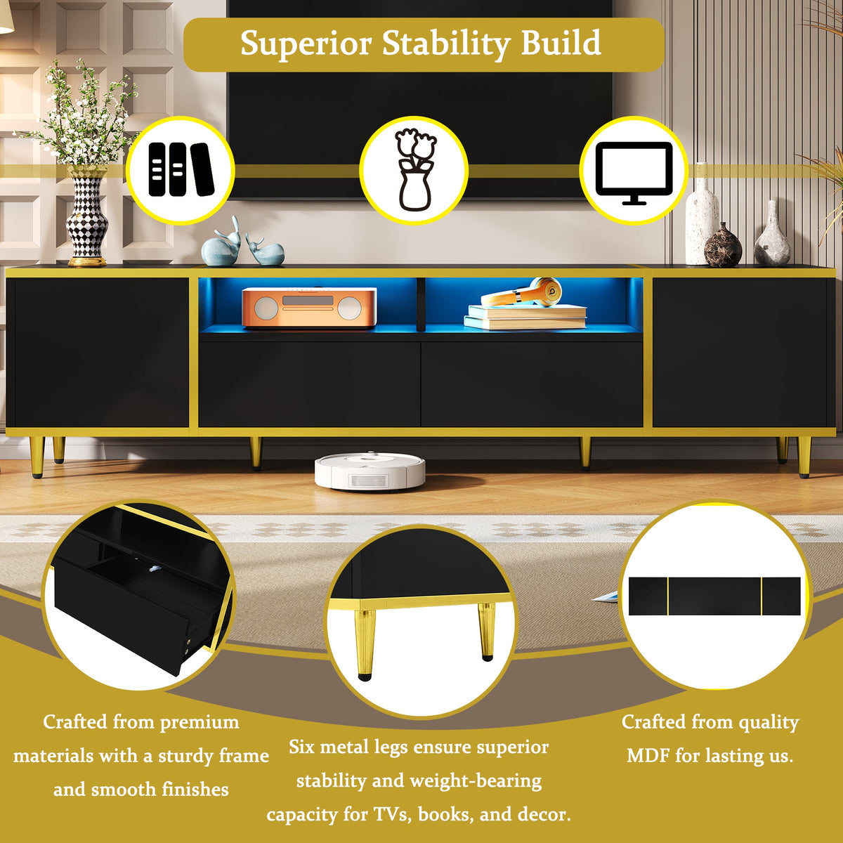 Roomfitters Modern TV Stand for up to 80 Inch TV, Entertainment Console with LED Shelves, Drawers and Cabinets, Black Roomfitters