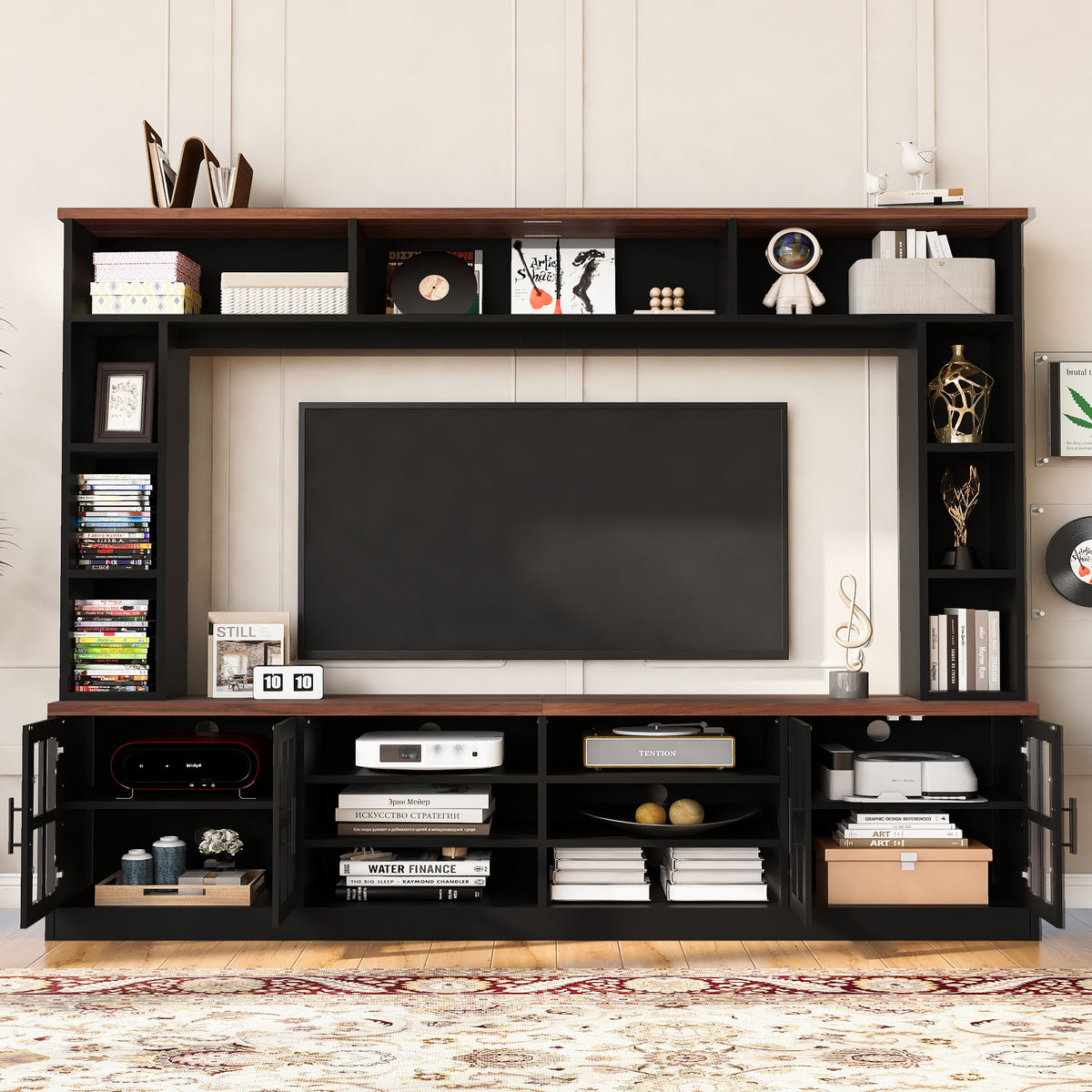 variant-group:rf-n724sj000127aab|Roomfitters Wall Unit Entertainment Center for up to 80 Inch TV, Media Console with Cabinets and Bookshelves, Black