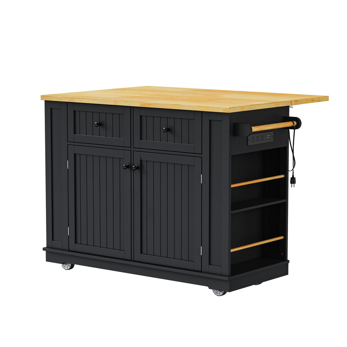 variant-group:rf-n707s257057b|Roomfitters 48" Kitchen Island with Power Outlet and Drop Leaf, Rolling Storage Cabinet with Wood Top and Spice Rack, Black