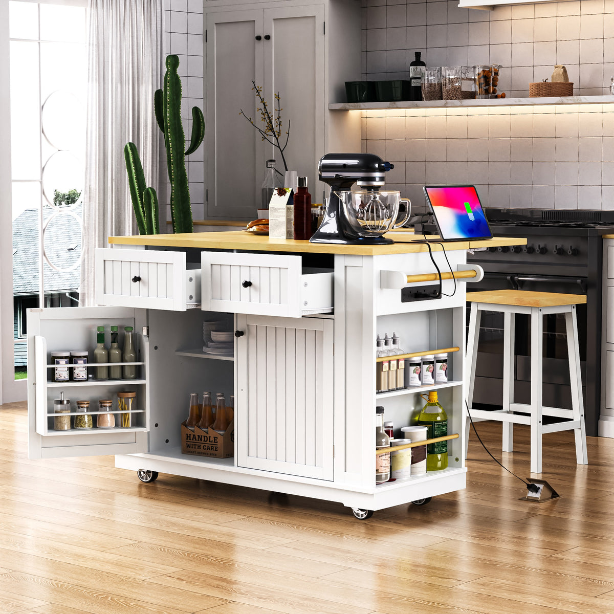 variant-group:rf-n707s257057w|Roomfitters 48" Kitchen Island with Power Outlet and Drop Leaf, Rolling Storage Cabinet with Wood Top and Spice Rack, White