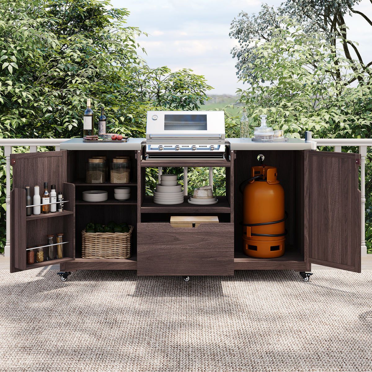 variant-group:rf-n707p250629z|Roomfitters 66.5" Outdoor Kitchen Island for Big Kamado Grills, Wood Grill Cart with Stainless Steel Top, Storage, Dark Brown