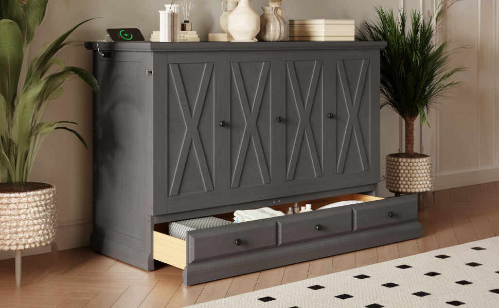 Roomfitters Full Size Solid Wood Murphy Bed Chest Cabinet, Farmhouse Wall Bed Charging Station Storage Drawer, Grey Roomfitters