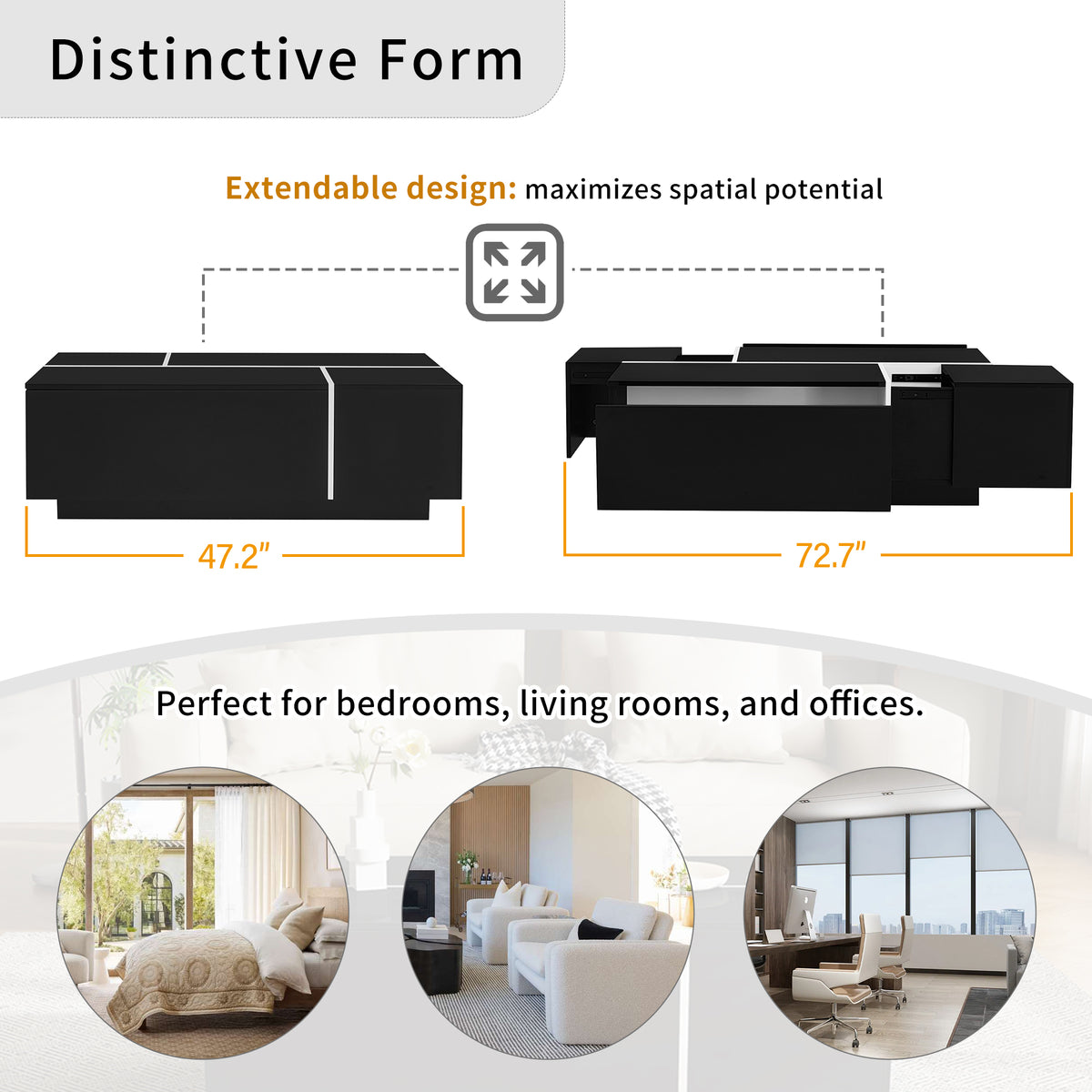 variant-group:rf-n724p292070b|Roomfitters Glossy Extendable Coffee Table with 2 Drawers and Hidden Storage Compartments, Multi-Functional Design, Black