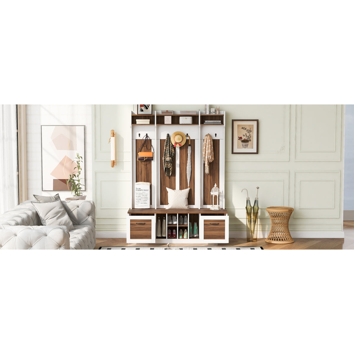 variant-group:rf-n724p235232d|Roomfitters 5-in-1 Entryway Bench with Coat Rack, Hooks, Drawers and Adjustable Shelves, Hall Tree for Hallway or Living Room, Brown+White