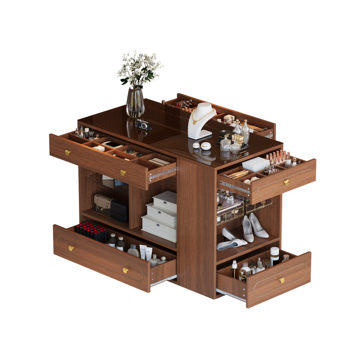 Roomfitters Closet Island with 6 Drawers, Glass Display Top and Open Shelves, Wardrobe Storage and Jewelry Vanity, Walnut