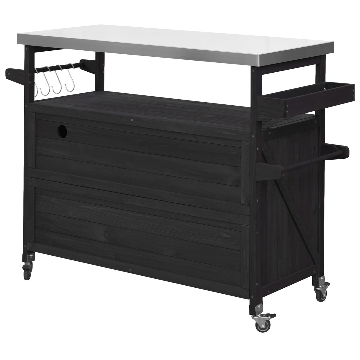 Roomfitters Outdoor Kitchen Island, Rolling Bar Cart with Storage Cabinet, Wood Grill Table, Stainless Steel Top, Spice Rack, Black