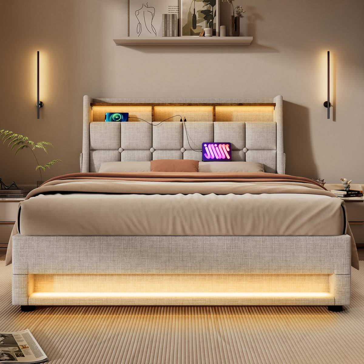 variant-group:rf-n736aa20690708b|Roomfitters Full Size Upholstered Platform Bed with Storage System, USB Charging Ports, Natural