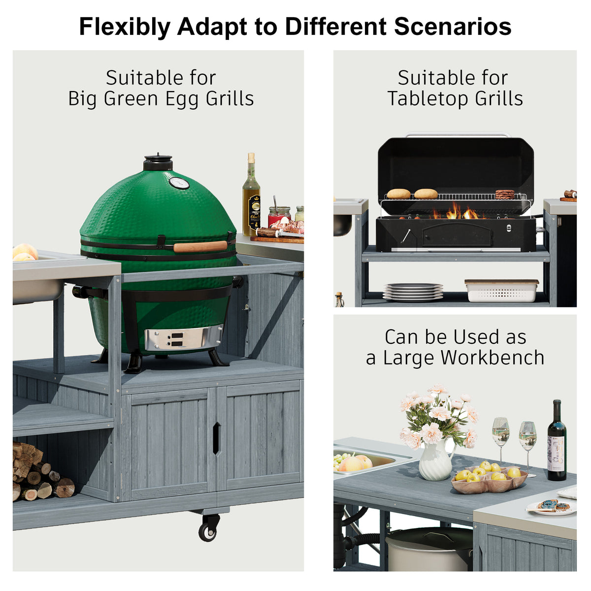variant-group:rf-n707s000022g|Roomfitters 75.4" Outdoor Kitchen Island with Sink, Fir Wood Grill Cart for XL Green Egg & Tabletop Grills, Grey Blue