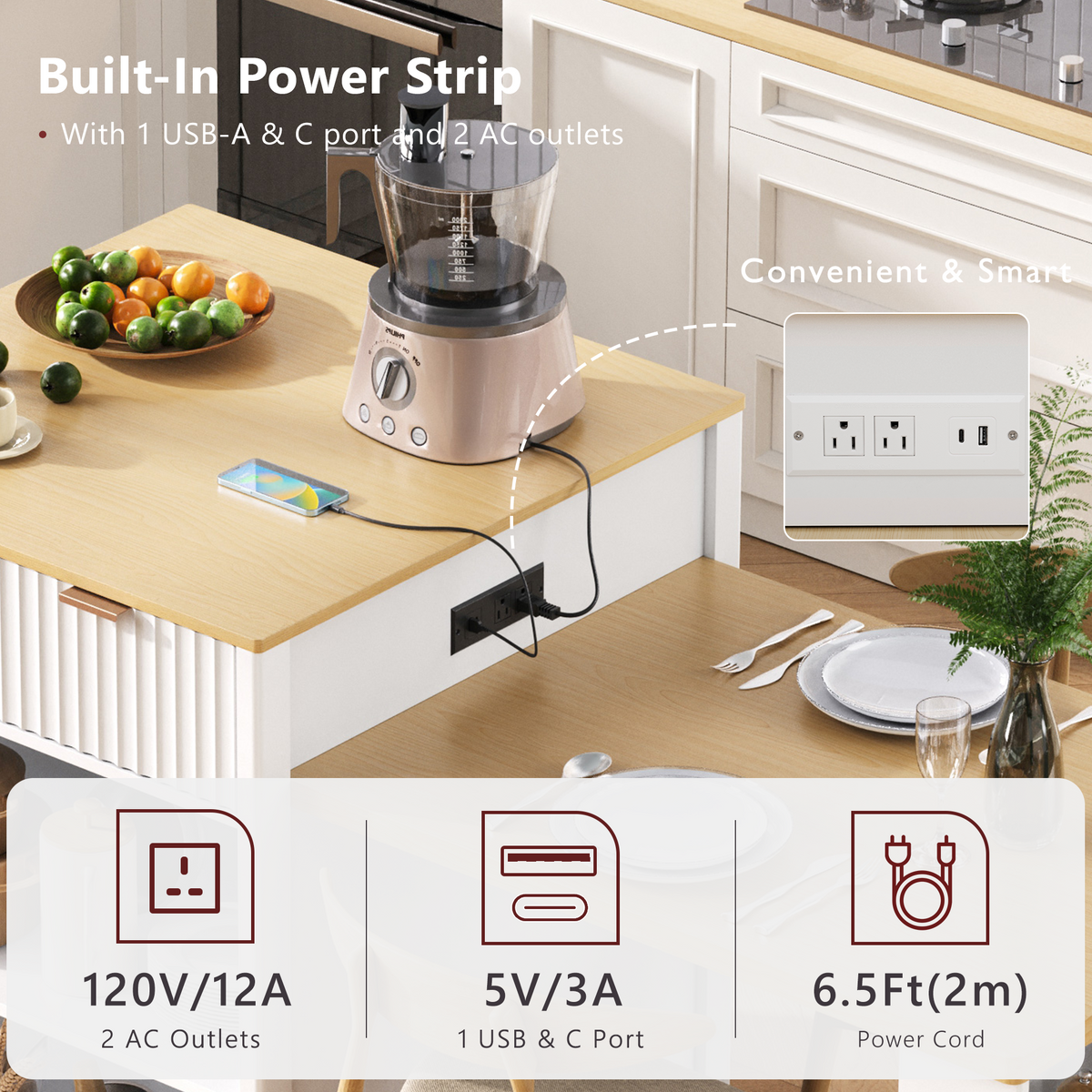variant-group:rf-n707s000018w|Roomfitters 82.6" Fluted Kitchen Island with 51" Extendable Dining Table for 4-6, Power Outlet, White