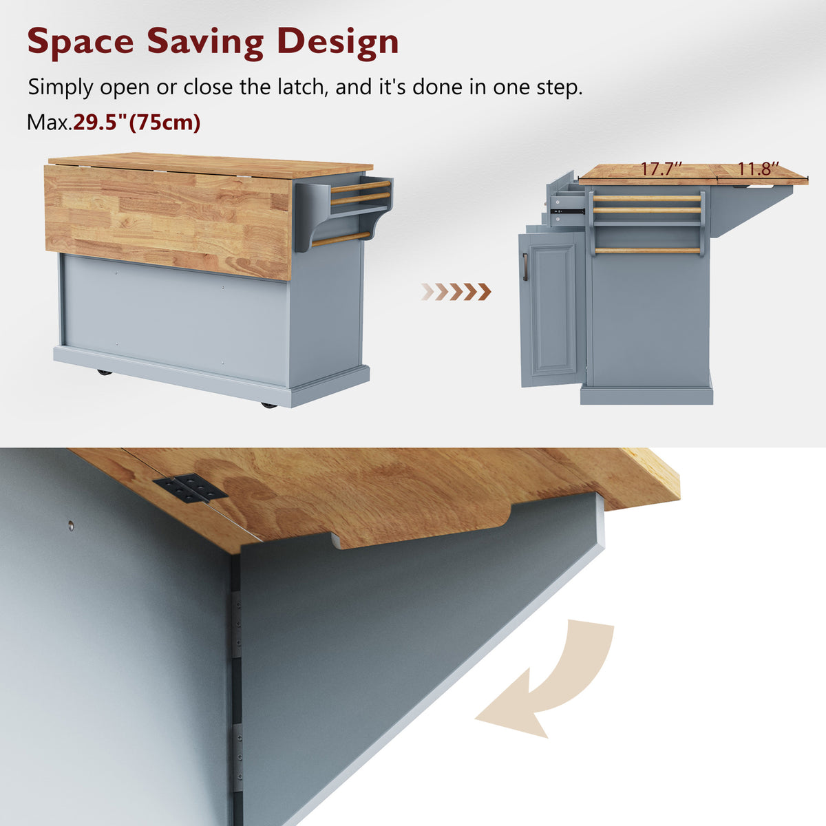variant-group:rf-n707s195395g|Roomfitters 54" Kitchen Island with Wood Top, Rolling Storage Cabinet with 3 Drawers and 3 Doors, Spice Rack, Grey+Blue