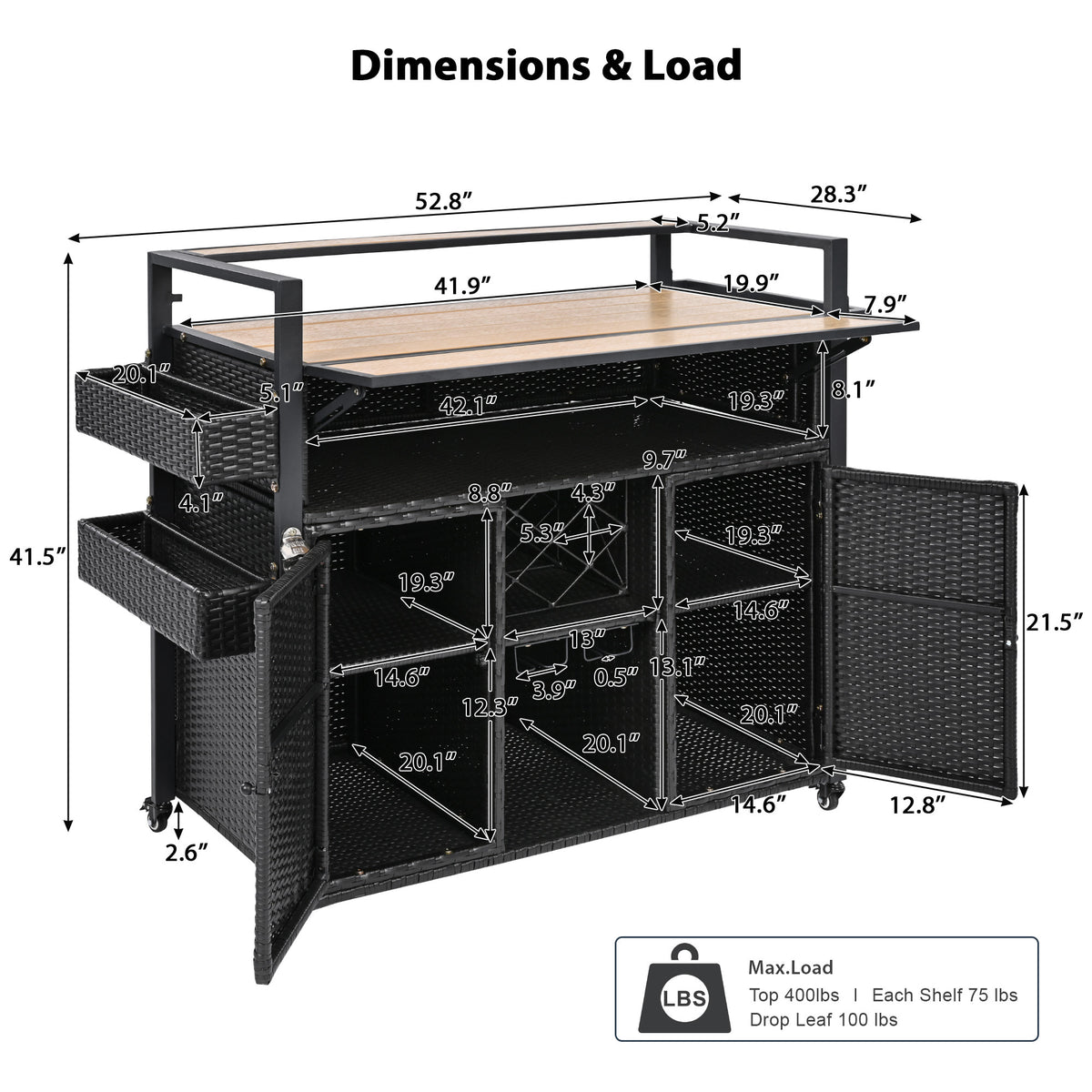 variant-group:rf-n707p233747b|Roomfitters 52.8" Wicker Outdoor Grill Cart with Plastic Wood Table, Rolling Island with Storage Cabinet, Double Handles, Black Brown