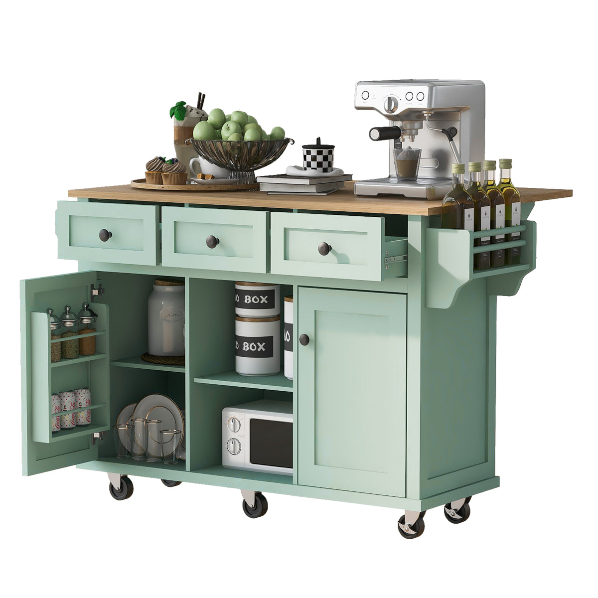 variant-group:rf-n707wf298028aae|Roomfitters Kitchen Cart with Rubber Wood Drop-Leaf Countertop, Cabinet Door Storage Racks, 5-Wheel Kitchen Island with Storage Cabinet & 3 Drawers, Mint Green