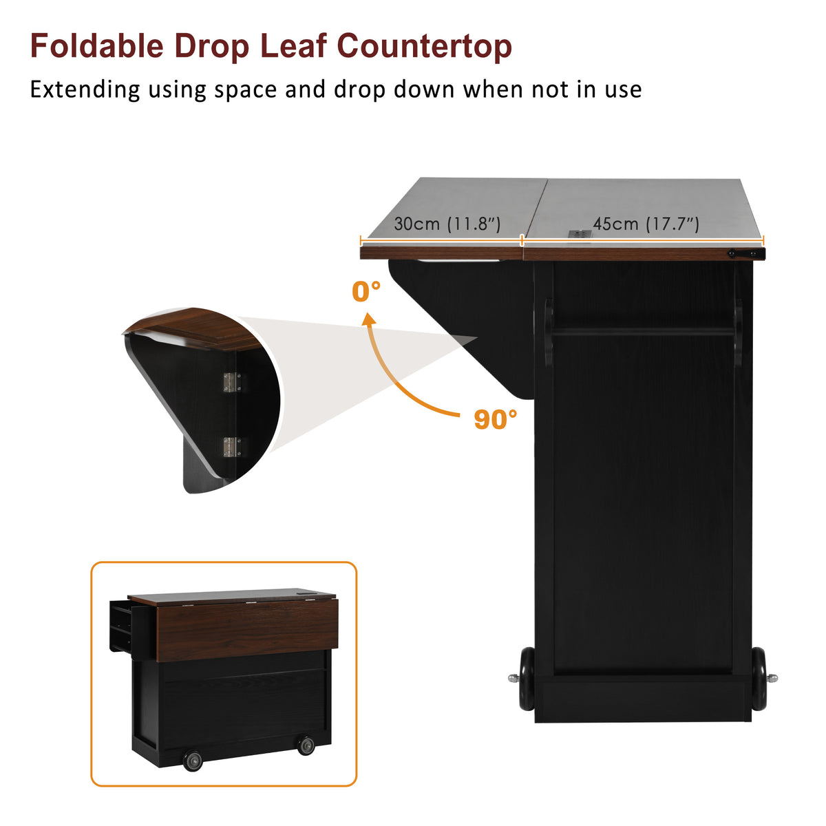 variant-group:rf-n707p349814b|Roomfitters 54" Farmhouse Kitchen Island with Drop Leaf, Power Outlet, Wine Rack, 2 Drawers, 2 Doors, Black