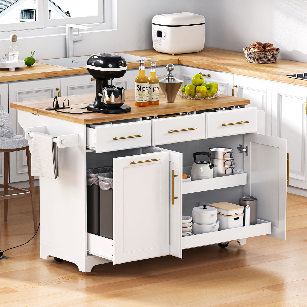 variant-group:rf-n707s299014w|Roomfitters 59.3" Kitchen Island with Power Outlet, Drop Leaf and Double Trash Can Pull Out, Rolling Cart, White
