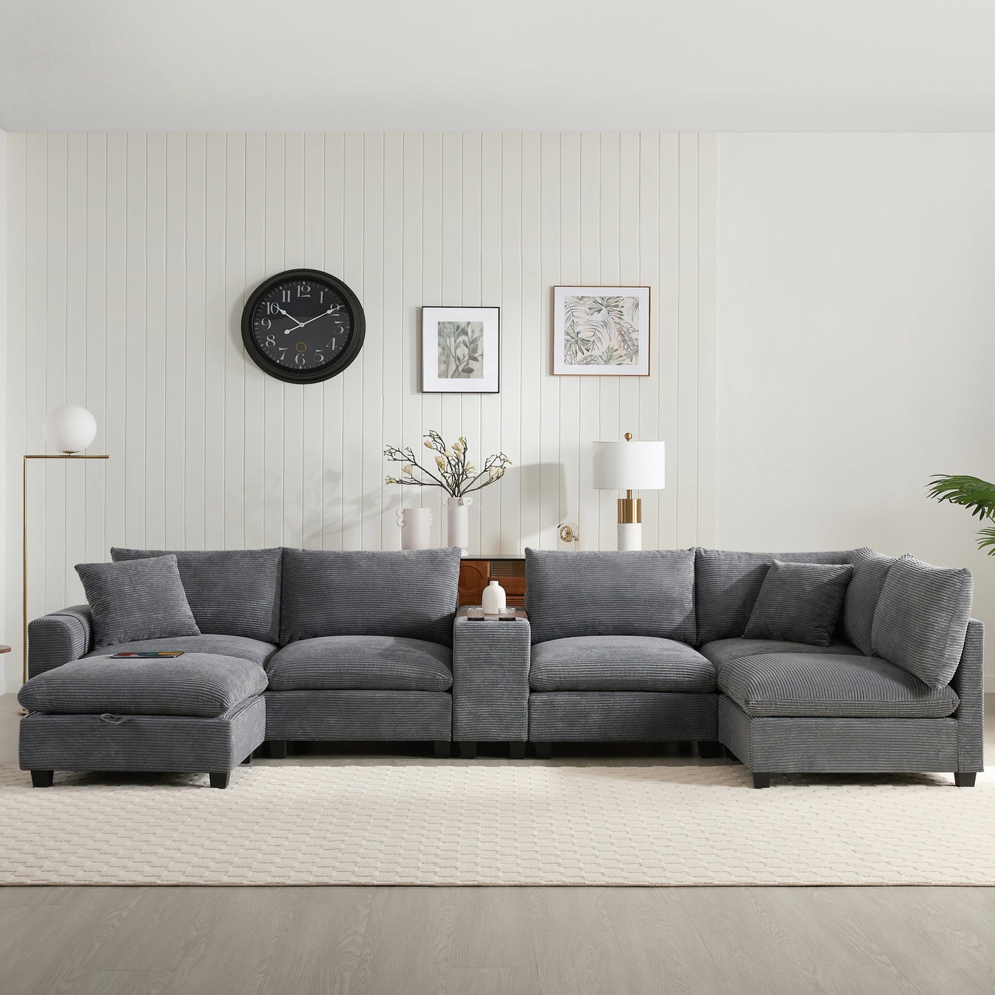 variant-group:rf-n723s1166e|Roomfitters 139 Inch U-Shaped Modular Sectional Sofa with Storage Console, Cup Holders and USB Ports for Living Room, Gray