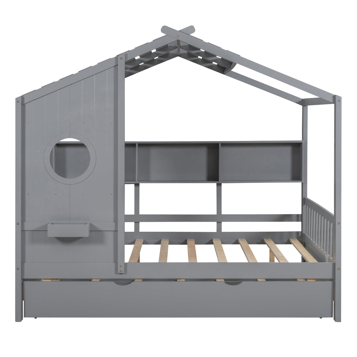 variant-group:rf-n733s316125e|Roomfitters Wooden Full Size House Bed with Trundle and Storage Shelf, Gray