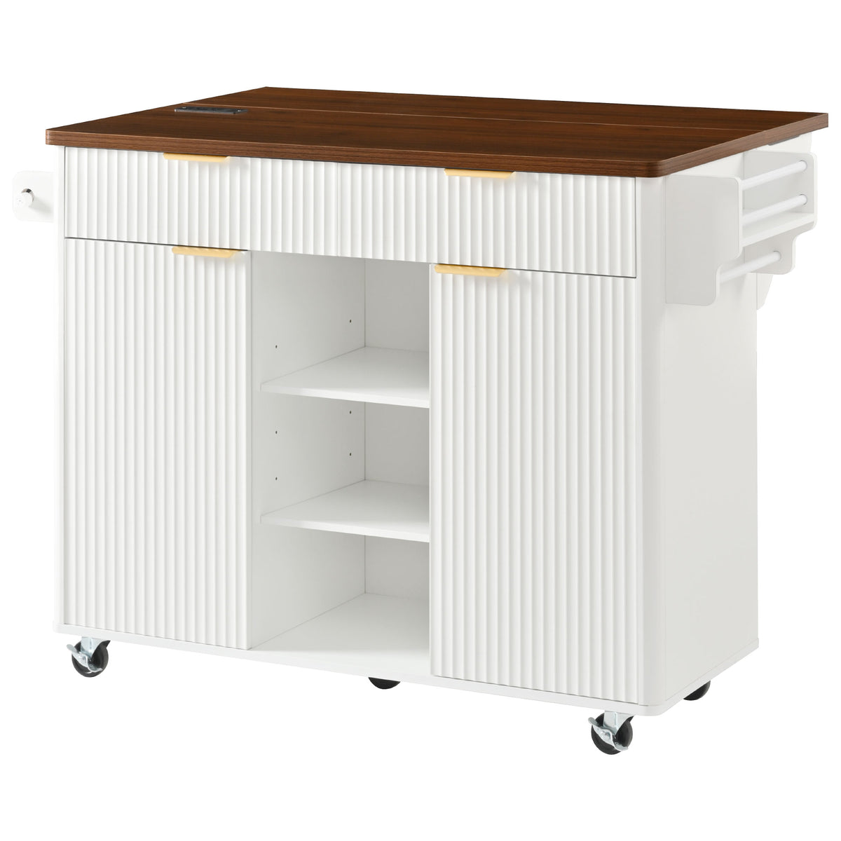variant-group:rf-n707s000019w|Roomfitters 52" Fluted Kitchen Island with Drop Leaf, Power Outlet & Walnut Wood-Grain Top, White