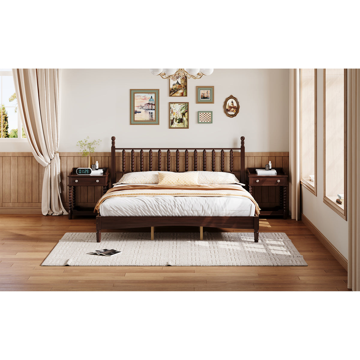 variant-group:rf-n733p338316d|Roomfitters King Wood Platform Bed, Retro Gourd Spindle Headboard with Solid Slat Support, Walnut