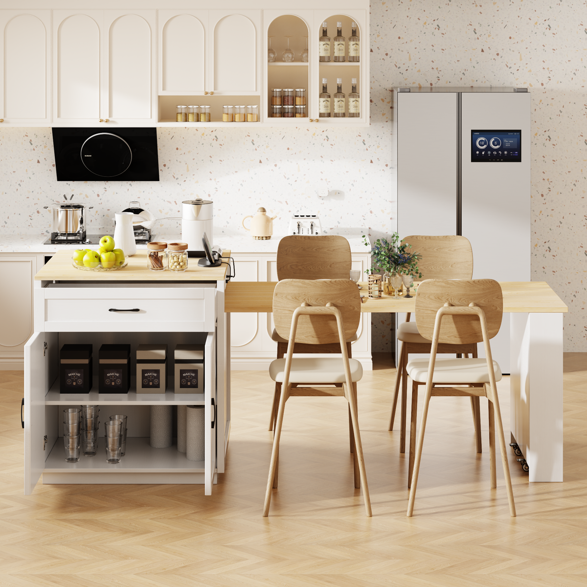 variant-group:rf-n707s000010w|Roomfitters 82.7" Kitchen Island with Extendable Table, Two-Tone Design, Double Storage, Power Outlet, White