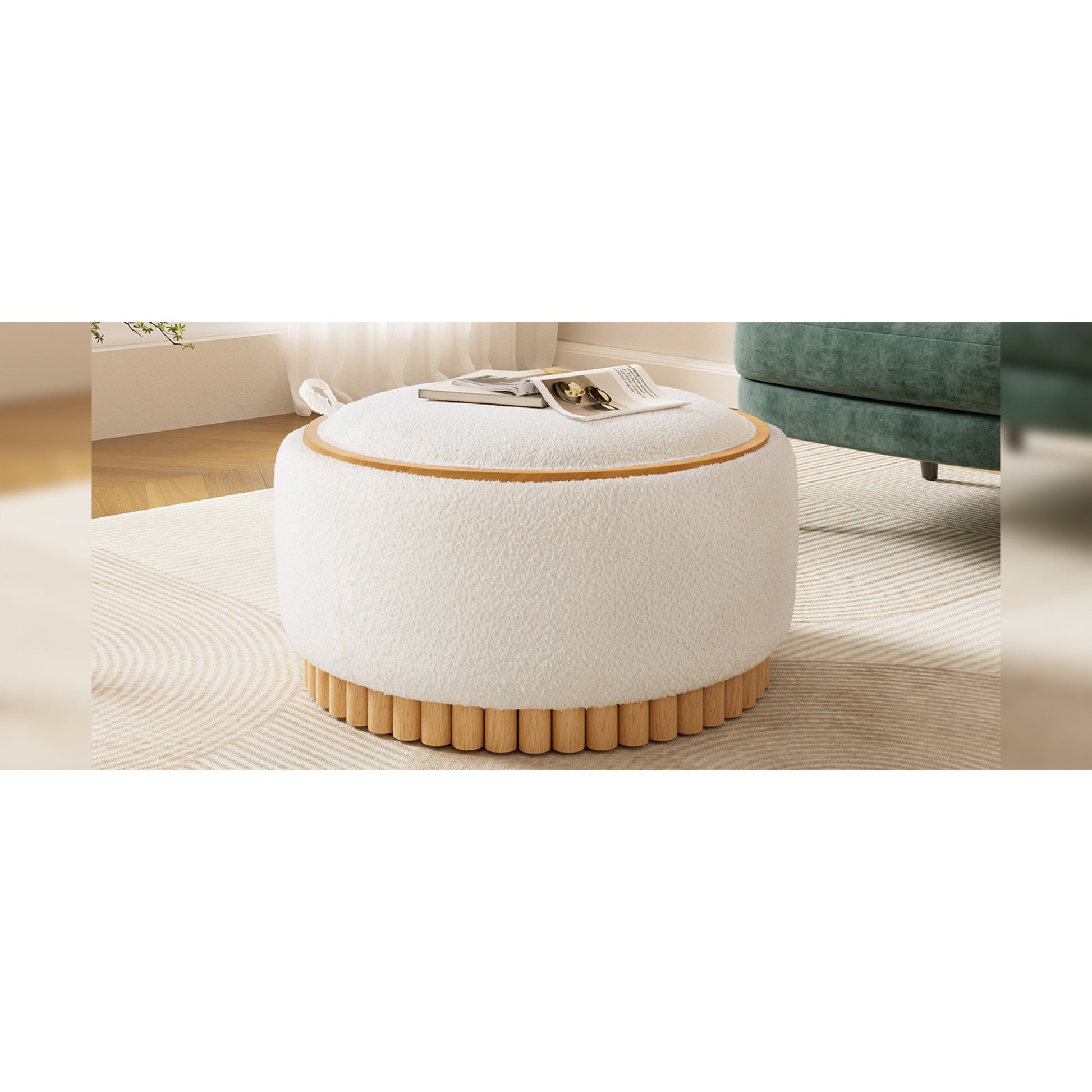 variant-group:rf-n723p405304a|Roomfitters 29 Inch Round Storage Ottoman with Reversible Wooden Tray Top, Upholstered Coffee Table for Living Room, Beige