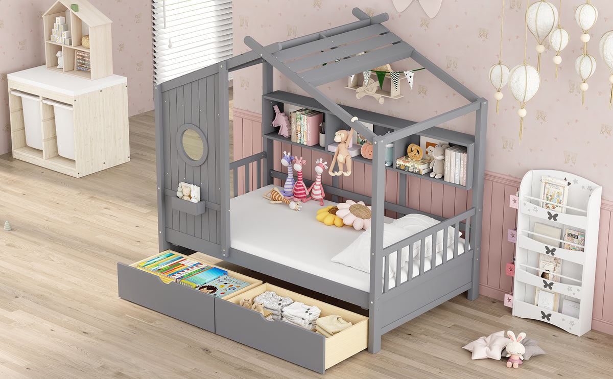 variant-group:rf-n733s308483e|Roomfitters Wooden Twin Size House Bed with 2 Drawers and Storage Shelf, Gray