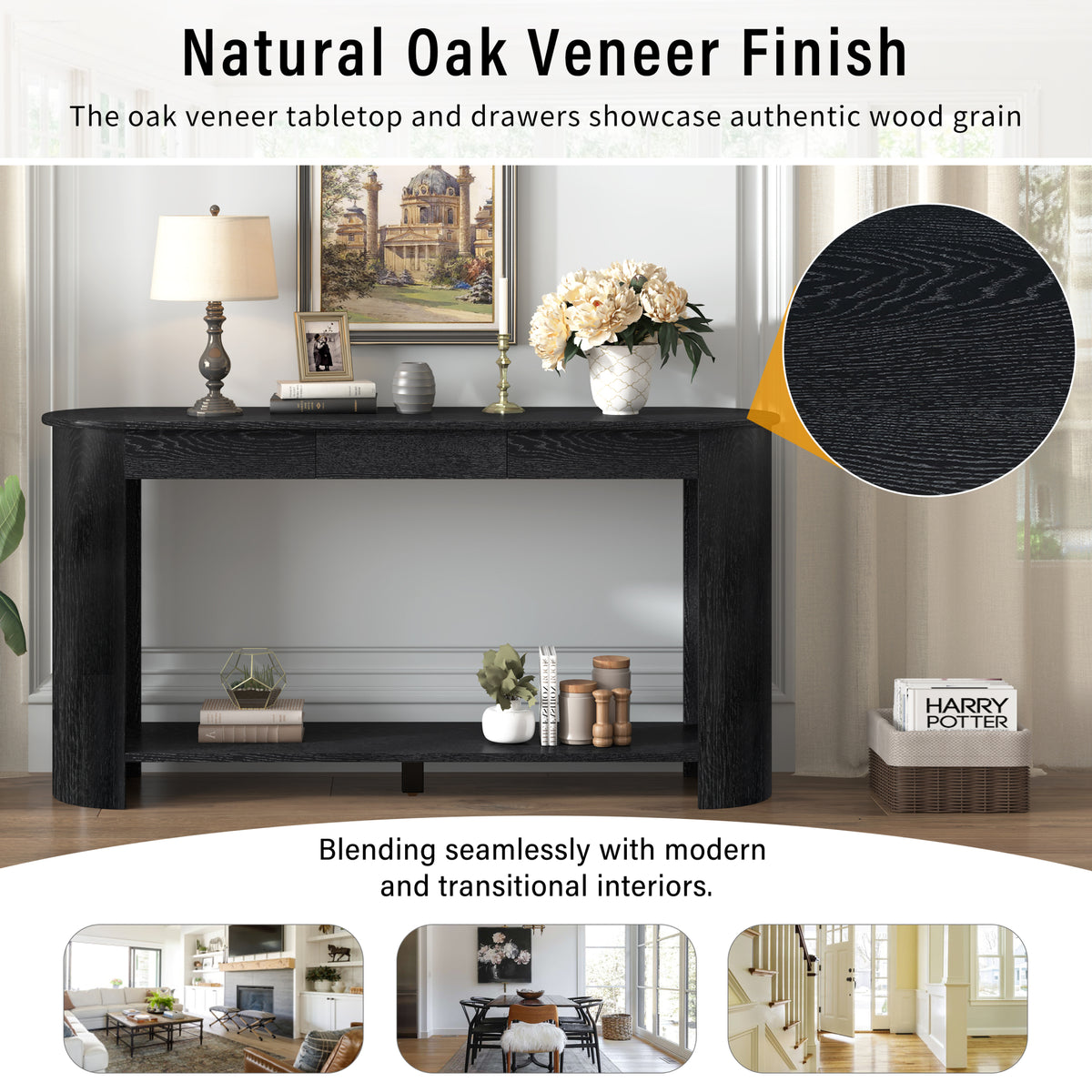 variant-group:rf-n711p395523b|Roomfitters Modern Farmhouse Black Oak Veneer Semi-Circular Console Table with 3 Drawers and Open Bottom Storage Shelf