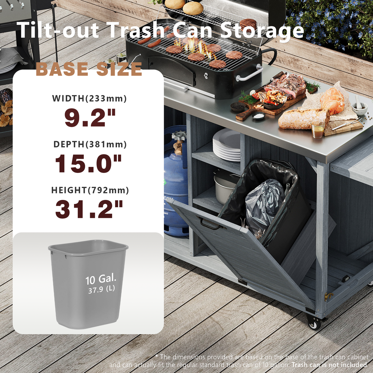 variant-group:rf-n707p370276g|Roomfitters 78.3" Outdoor Kitchen Island with Foldable Grill Table, Stainless Steel Top & Tilt Trash Can Storage, Grey Blue