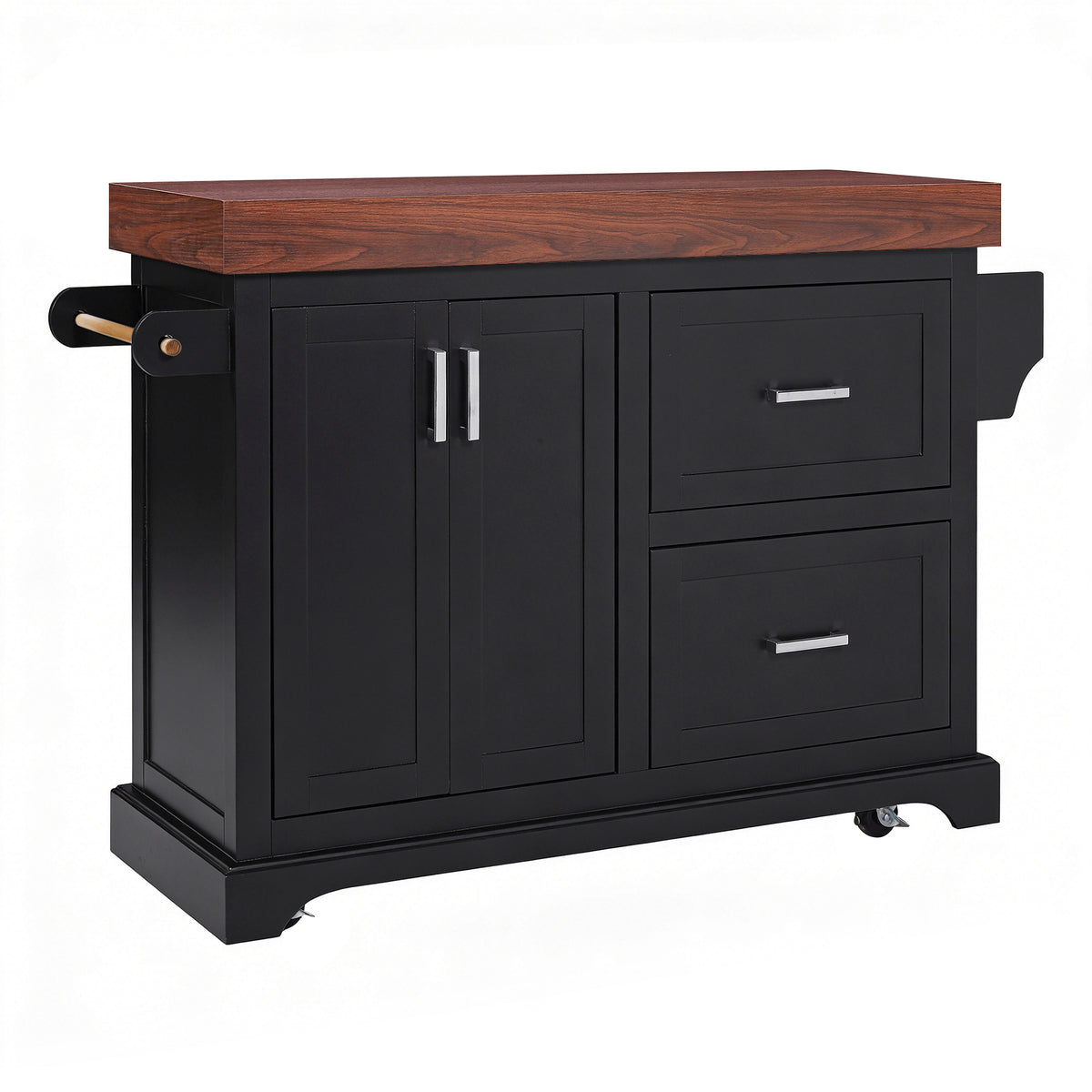 variant-group:rf-n707s000025b|Roomfitters 53" Kitchen Island with Butcher Block Top, Storage Cabinet with Drawers, Spice Rack and Towel Holder, Black