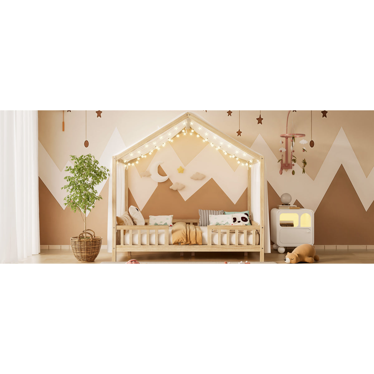 variant-group:rf-n733p356048m|Roomfitters Full Montessori Floor Bed with Canopy, House Shape Wood Frame with Safety Rails, Platform Bed, Natural