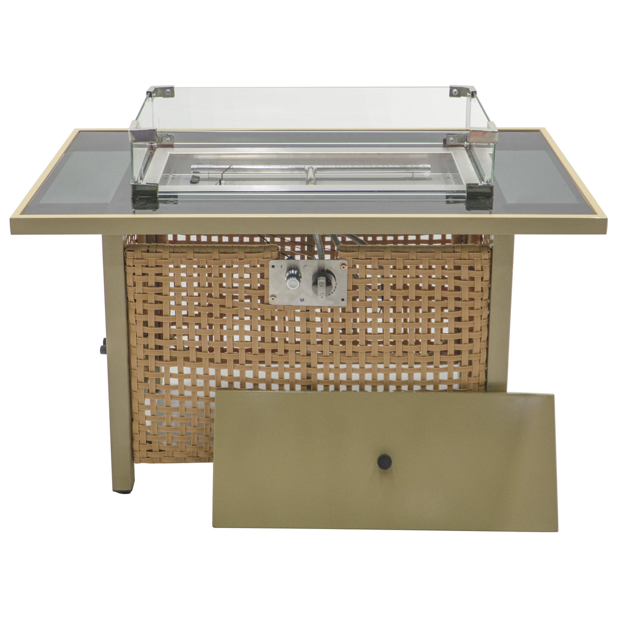 variant-group:rf-n707p210158z|Roomfitters 43" Propane Fire Pit Table, 60,000 BTU Rectangular Wicker Fire Pit with Glass Wind Guard for Patio, Natural