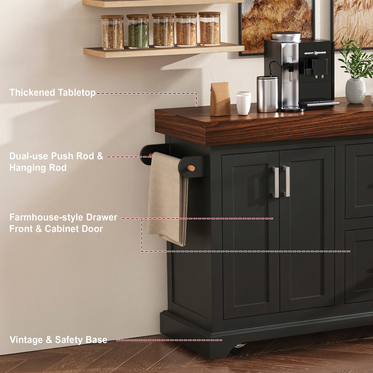 variant-group:rf-n707s000025b|Roomfitters 53" Kitchen Island with Butcher Block Top, Storage Cabinet with Drawers, Spice Rack and Towel Holder, Black