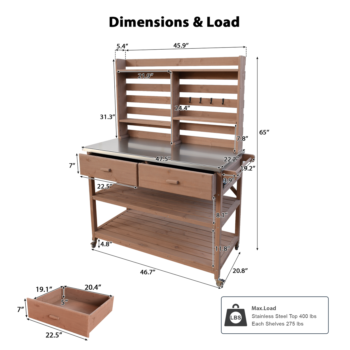 variant-group:rf-n707p228274z|Roomfitters 64.9" Outdoor Potting Bench Table, Rolling Kitchen Island with Hutch, Stainless Steel Top, Storage, Brown