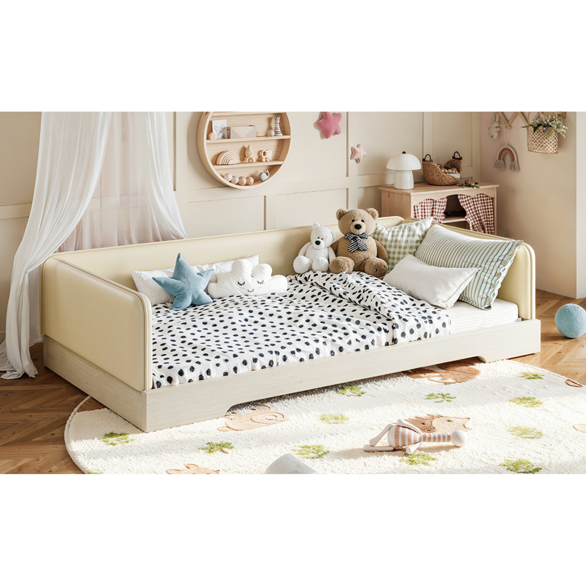 variant-group:rf-w1580p493129|Roomfitters Twin Size Upholstered Floor Bed Frame with Removable Guardrails, Faux Leather Low Profile Platform, Beige
