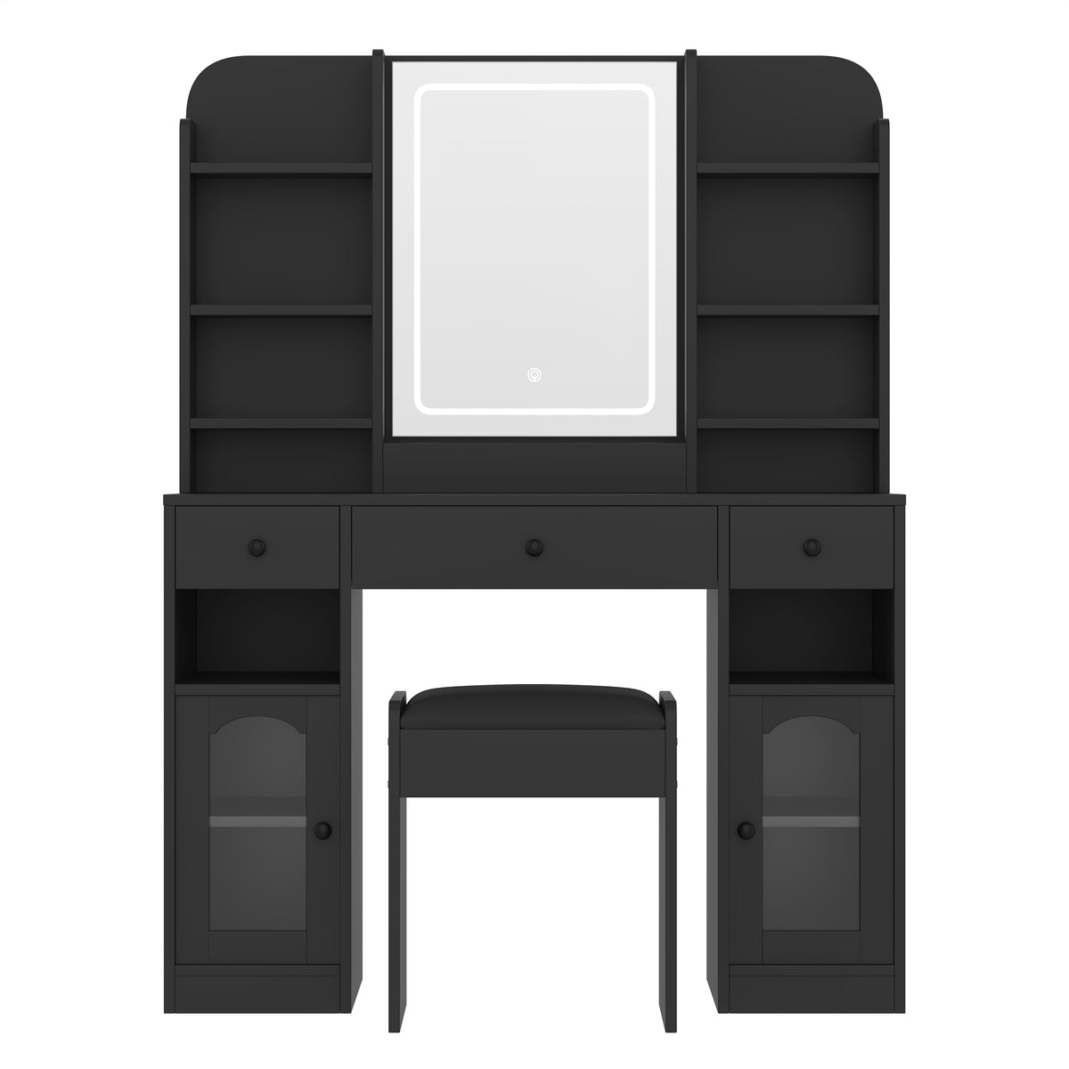 variant-group:rf-n704p407114b|Roomfitters 43.2" Makeup Vanity Desk with LED Lighted Mirror, Glass Door Cabinets, Charging Station and Stool, Black