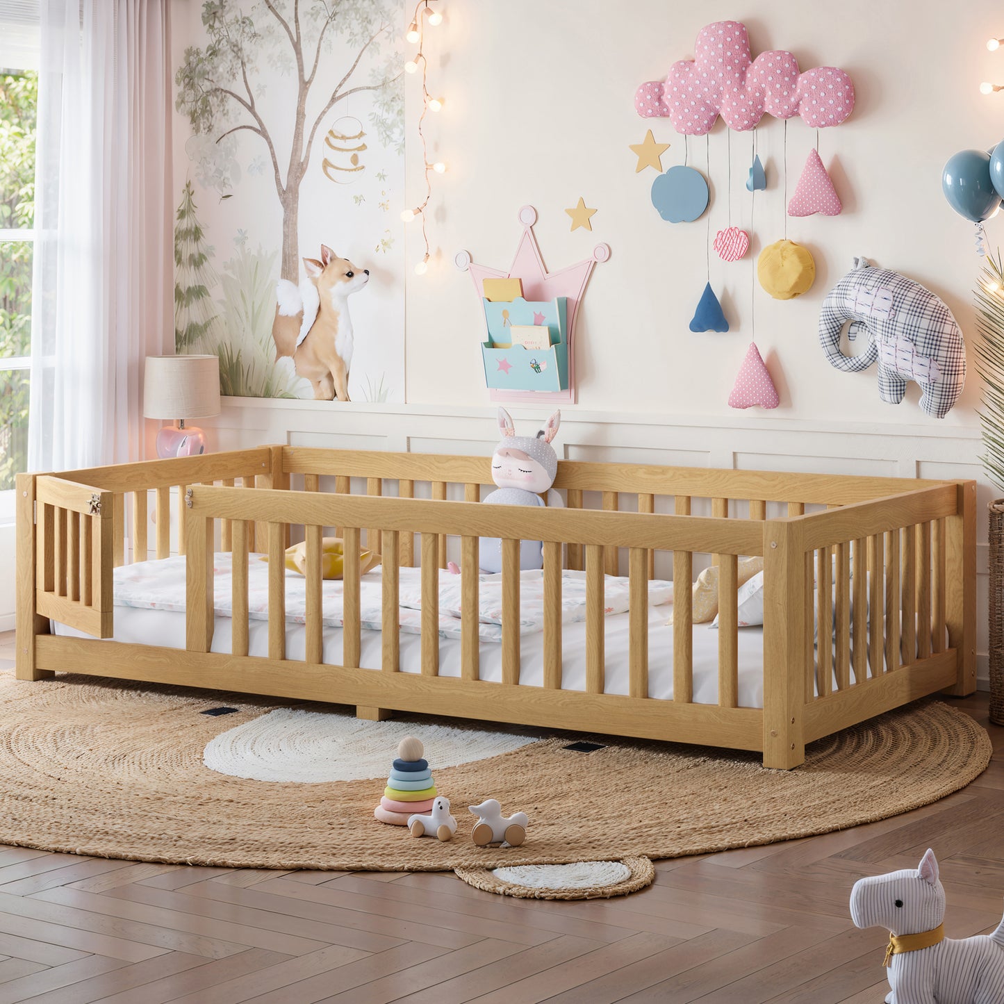 variant-group:rf-w1580p462314|Roomfitters Twin Size Wooden Floor Bed Frame with Safety Guardrails Door, Solid Wood Low Profile Toddler Play Bed, Natural