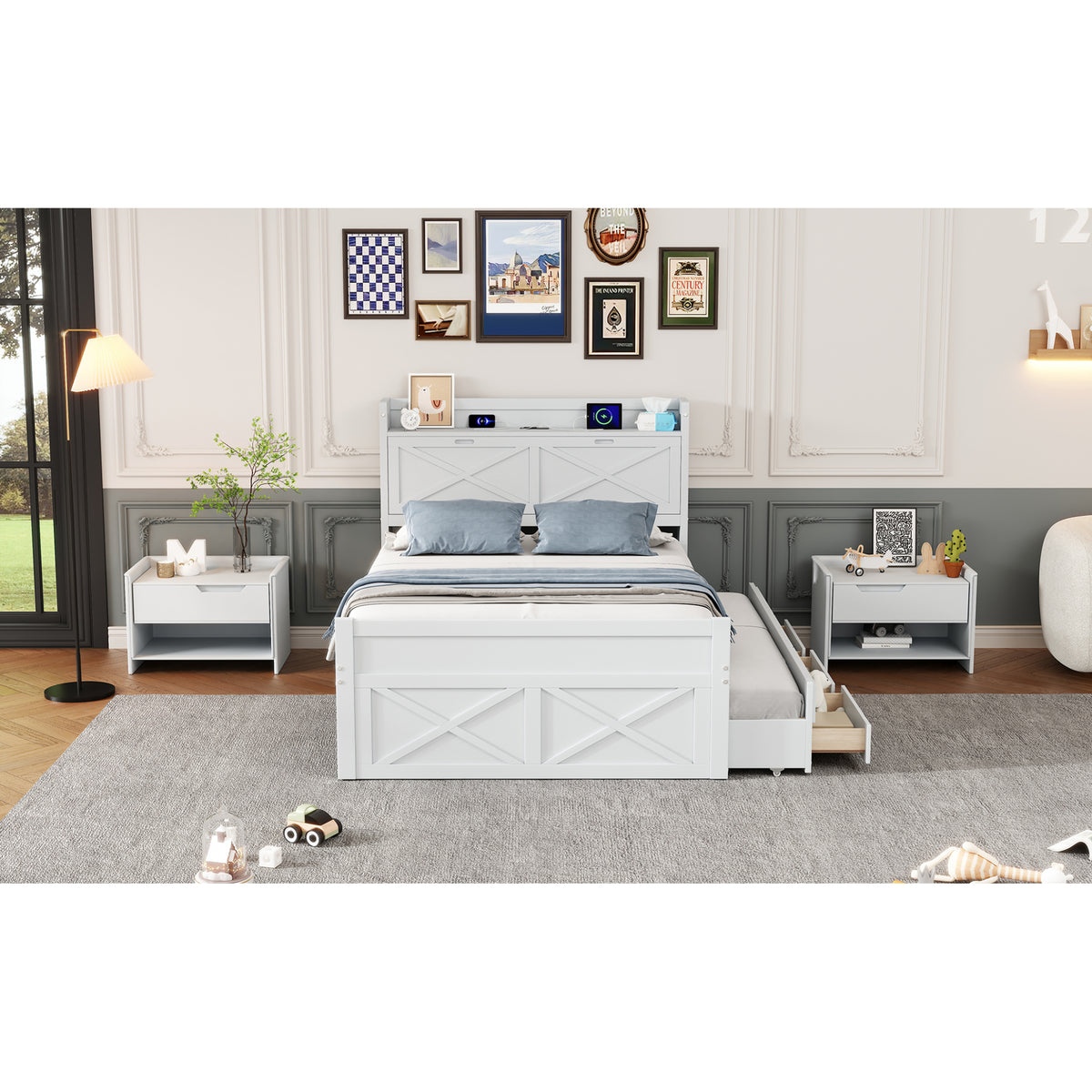 variant-group:rf-n733s172712k|Roomfitters Full Size Wooden Bed with Storage Headboard, Integrated Outlets, Extendable Frame with Twin Trundle and Additional Storage, White
