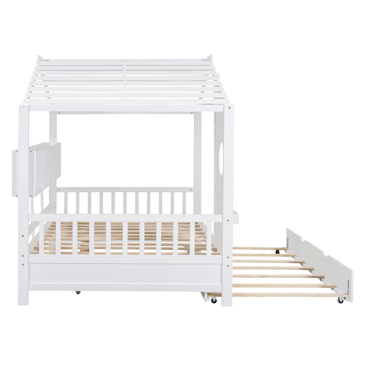 variant-group:rf-n733s316125k|Roomfitters Wooden Full Size House Bed with Trundle and Storage Shelf, White