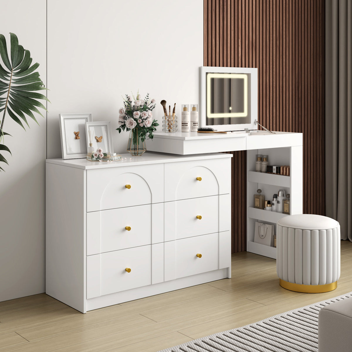 Roomfitters Vanity Desk with Mirror & Lights, Flip-Top Makeup Table with 7 Drawers, 9 Compartments, 3 Shelves, White