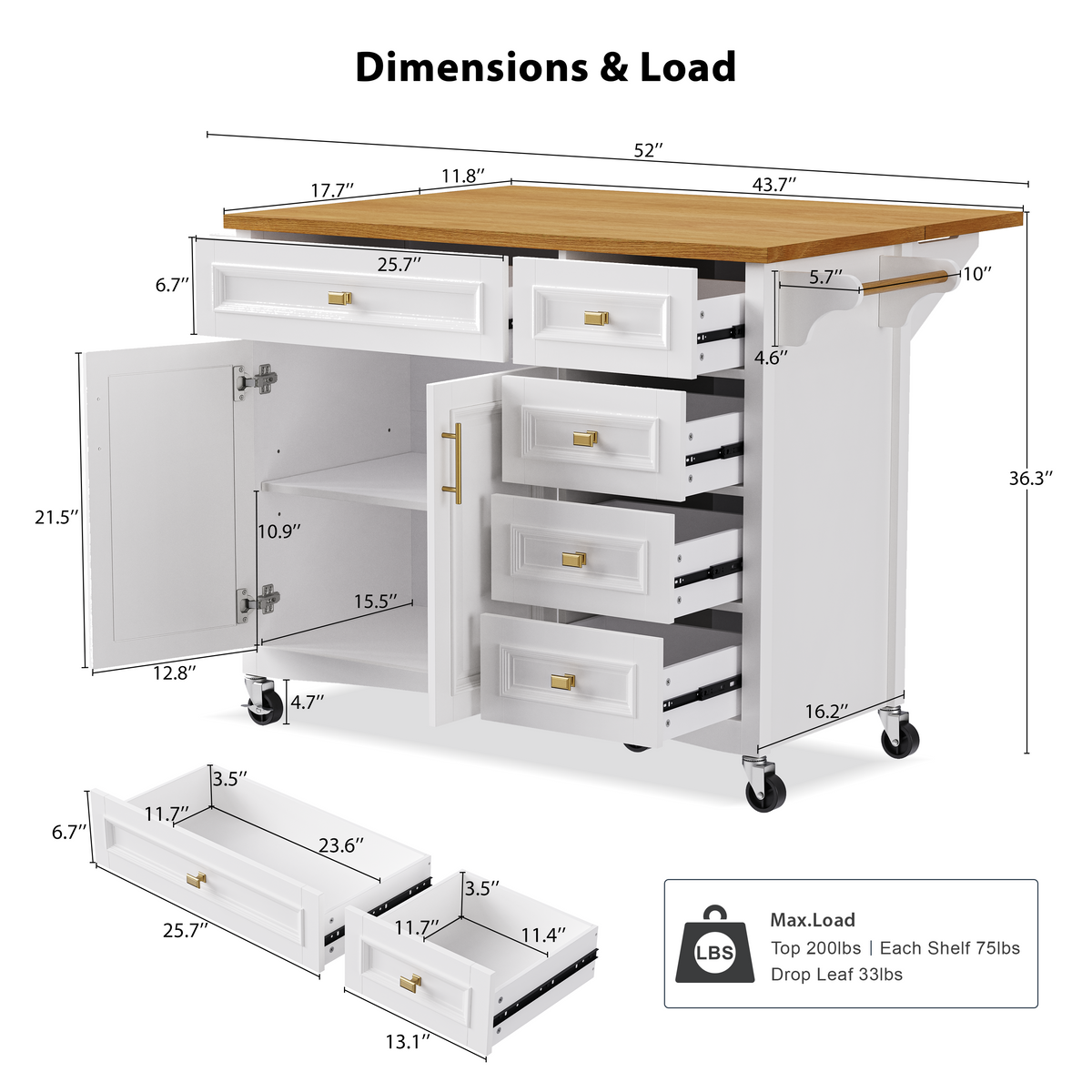 variant-group:rf-n707p195393w|Roomfitters 52" Kitchen Island with Drop Leaf, Rolling Kitchen Cart with Storage Cabinet, Spice Rack, Towel Rack, Adjustable Shelf, White