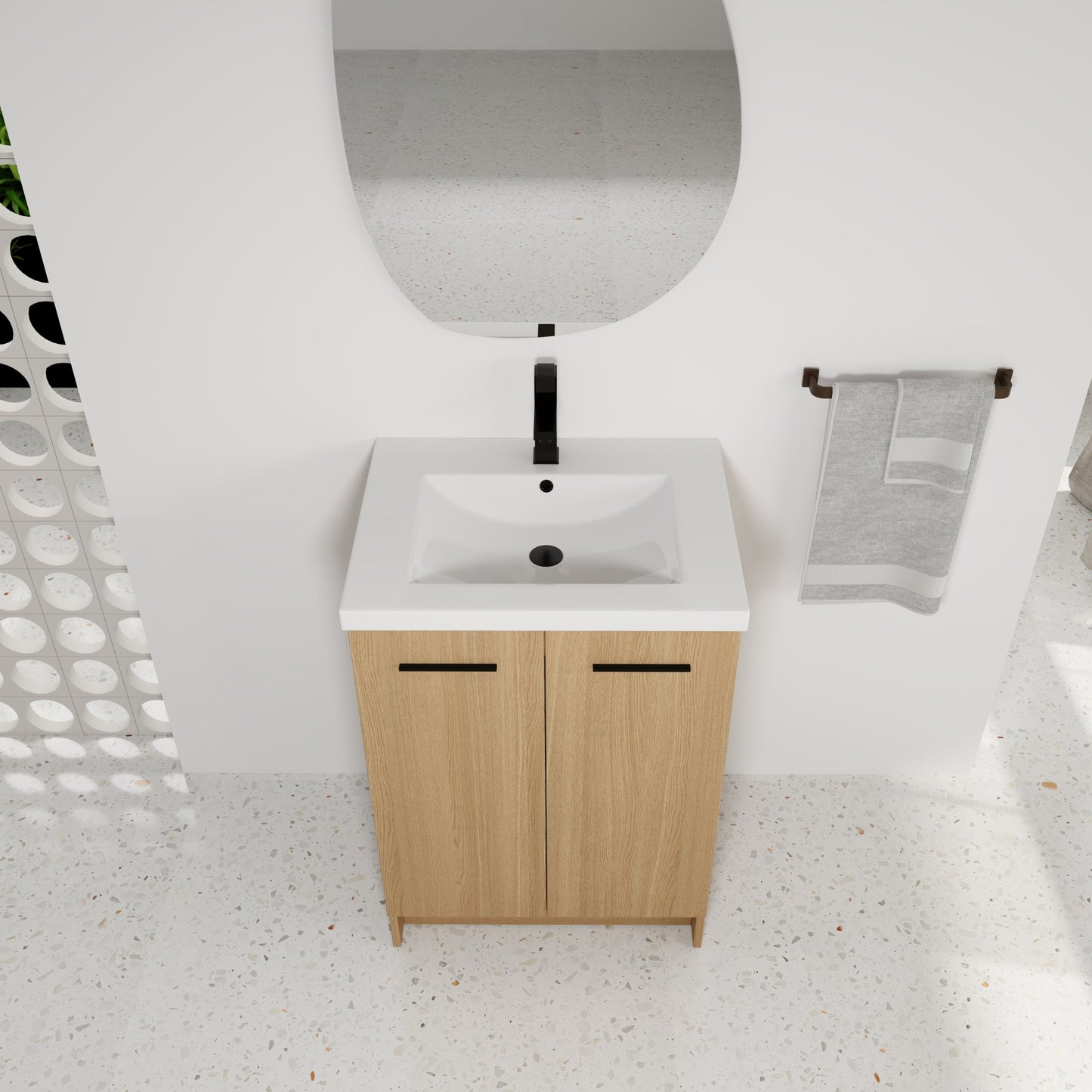 24" Freestanding Bathroom Vanity with Resin Sink, Light Oak, Double Door Storage, KD (Ready-to-Assemble), Includes Black & Brushed Aluminum Handles Roomfitters