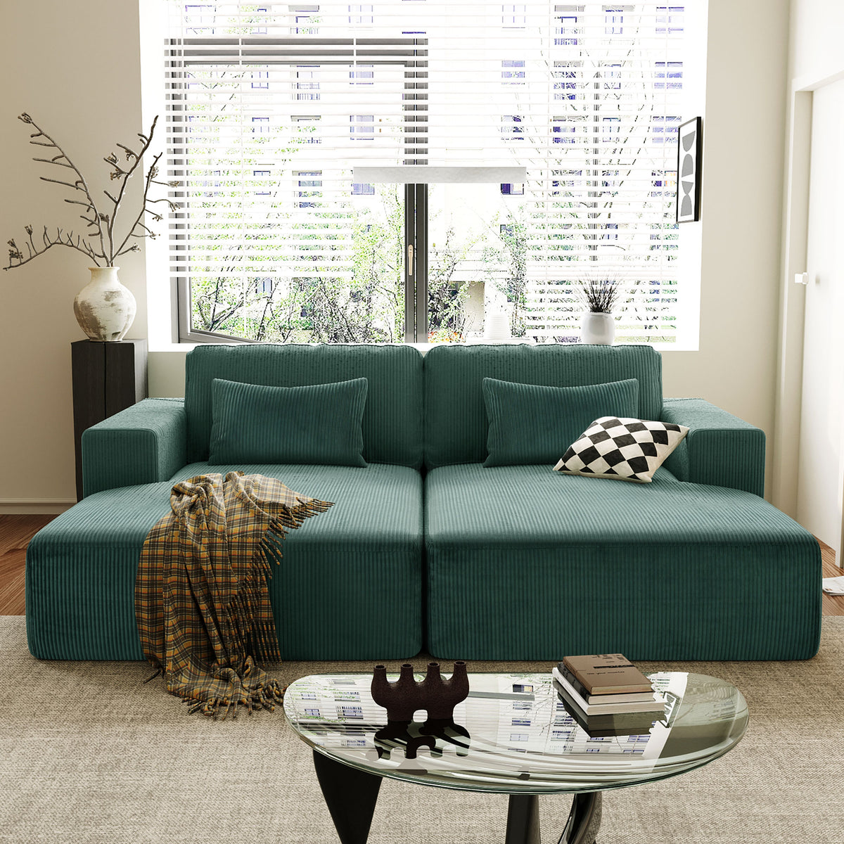 variant-group:rf-n711wy000449aac|Roomfitters Corduroy Double Sofa Bed with Pillows, Modern Convertible Couch for Living Room, Apartment, Green