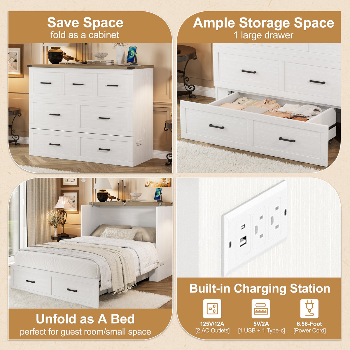 variant-group:rf-n733s293995w|Roomfitters Full Size Murphy Bed Cabinet with Charging Station, Foldable Platform Bed with Storage Drawer, White