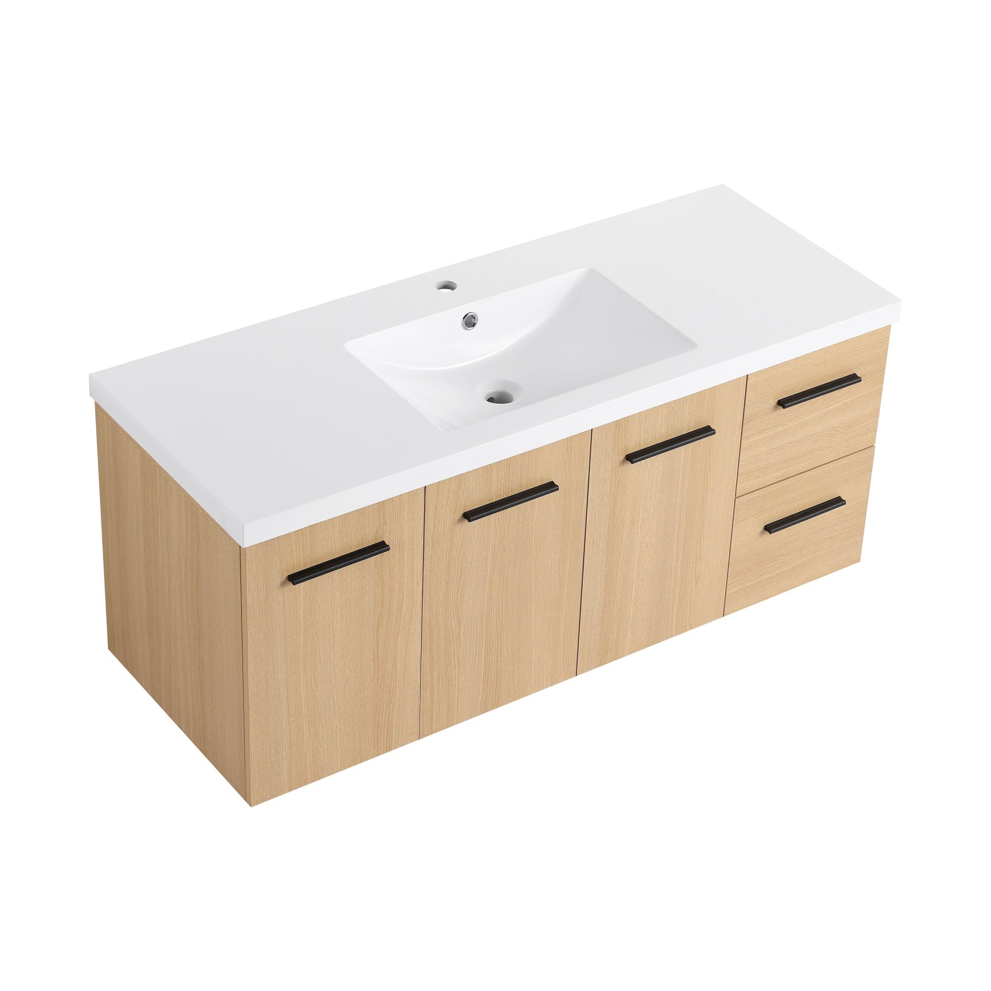 48" Light Oak Floating Bathroom Vanity with Sink, Modular 3-Piece Cabinet (2-Door + 1-Door + 2-Drawer), Gel-Coat Integrated Sink Top, Wall-Mounted, 4 Packages Roomfitters