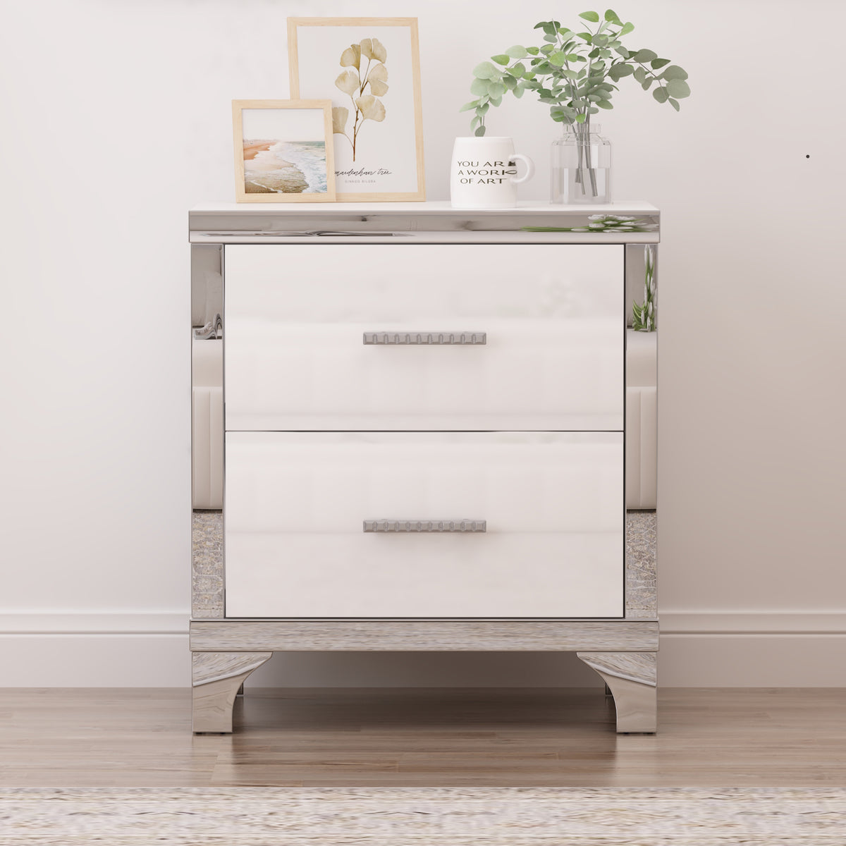 variant-group:rf-n733p205356k|Roomfitters High Gloss Nightstand with Metal Handle, Mirrored Bedside Storage Table for Bedroom or Living Room, White