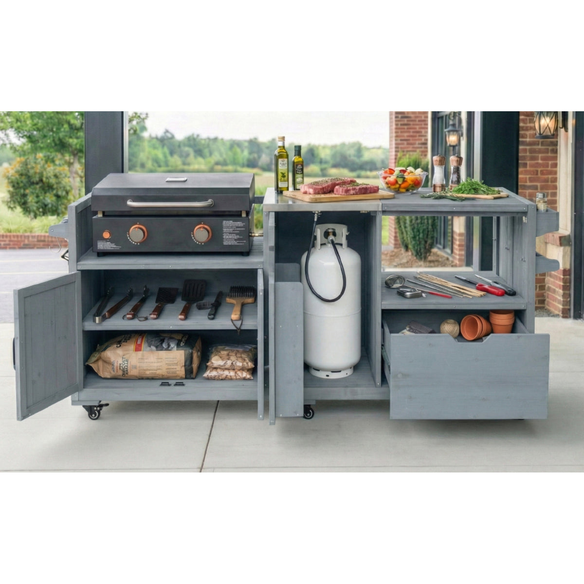 variant-group:rf-n707p392140g|Roomfitters 80.5" Extra Large Grill Cart, Outdoor Kitchen Prep Station with Stainless Steel Top & Kamado Grill Stand, Grey+Blue