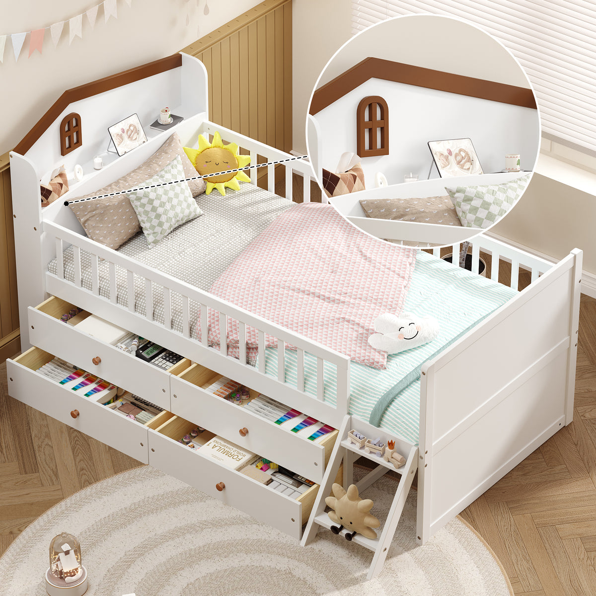 variant-group:rf-n733s278032k|Roomfitters Twin Platform Bed Frame with Four Drawers, Wooden Kids Bed with Guardrail Headboard and Ladder, White