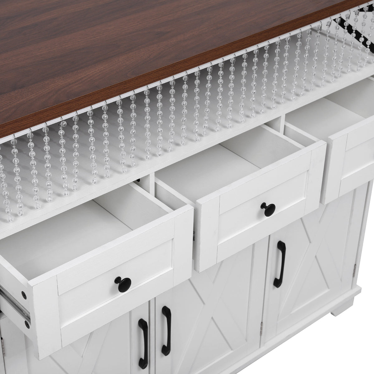 variant-group:rf-n707p254872w|Roomfitters 46.5" Rolling Kitchen Island with Drop Leaf, Mobile Cart with 2 AC Outlets & USB, Beaded Drape & 3 Drawers, White