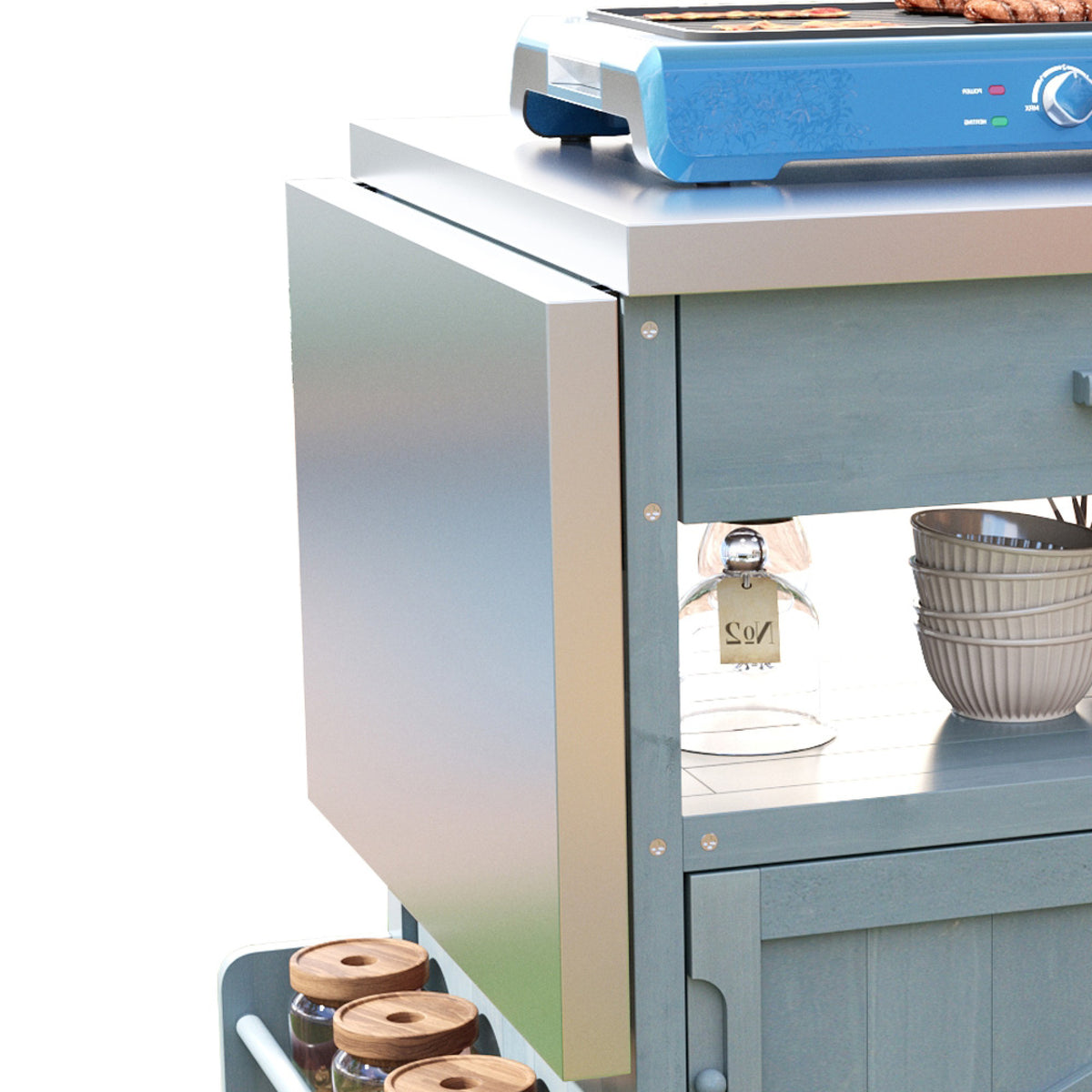 variant-group:rf-n707p228272g|Roomfitters 40.5" Outdoor Grill Cart with Stainless Steel Top, Wood Storage Cabinet, Drop Leaf, Rolling Cart, Blue Grey
